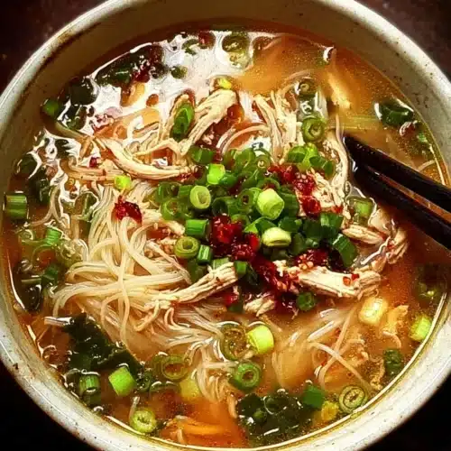 Bowl of classic Ginger Garlic Chicken Noodle Soup with herbs and chicken.
