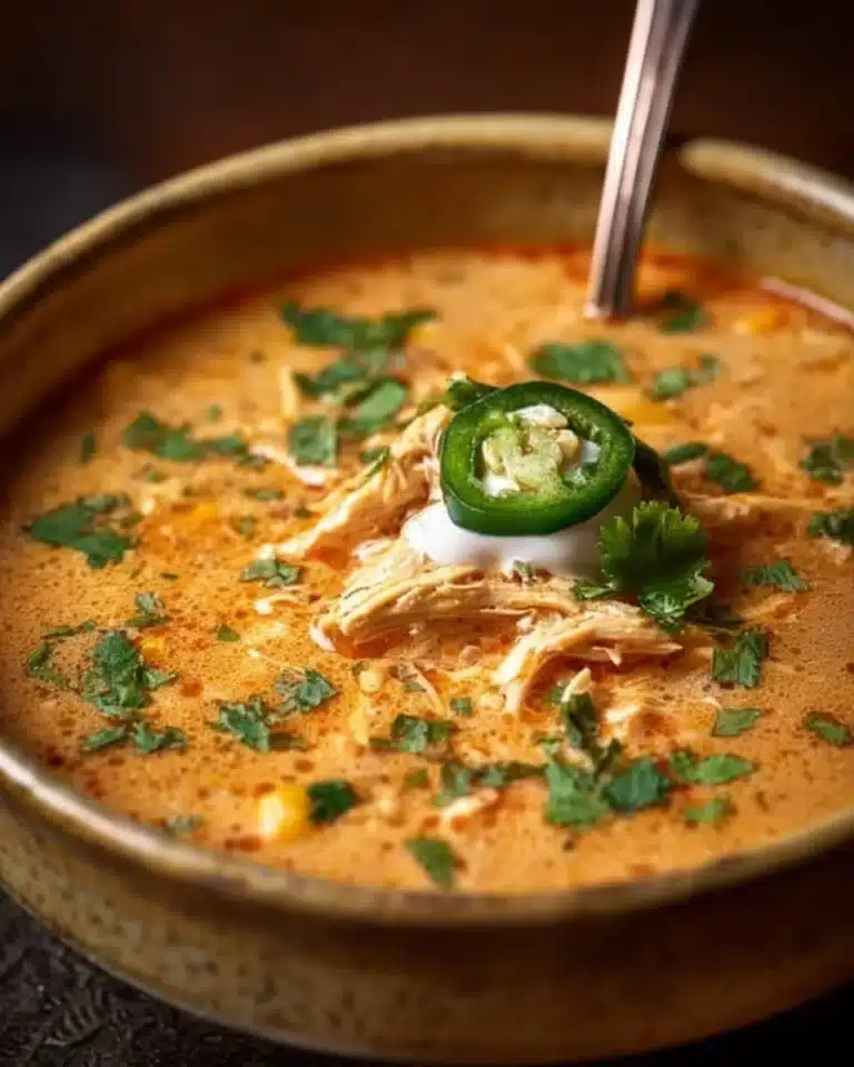 Creamy Chicken Enchilada Soup in a bowl with toppings and herbs