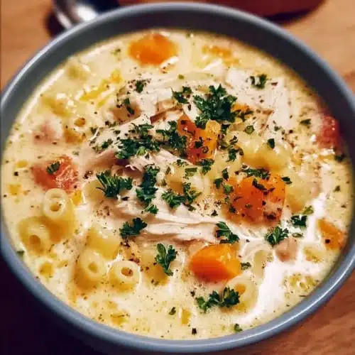 Bowl of creamy Chicken Macaroni Cheese Soup garnished with herbs