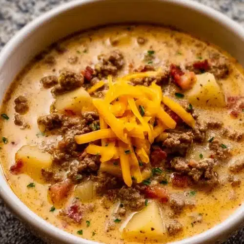 Delicious crockpot cheeseburger soup topped with cheese and fresh herbs.