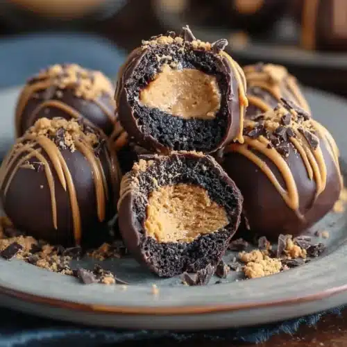 Decadent Peanut Butter Oreo Truffles topped with chocolate drizzle