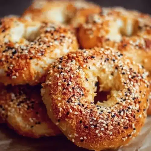 Freshly baked Greek yogurt bagels on a wooden table