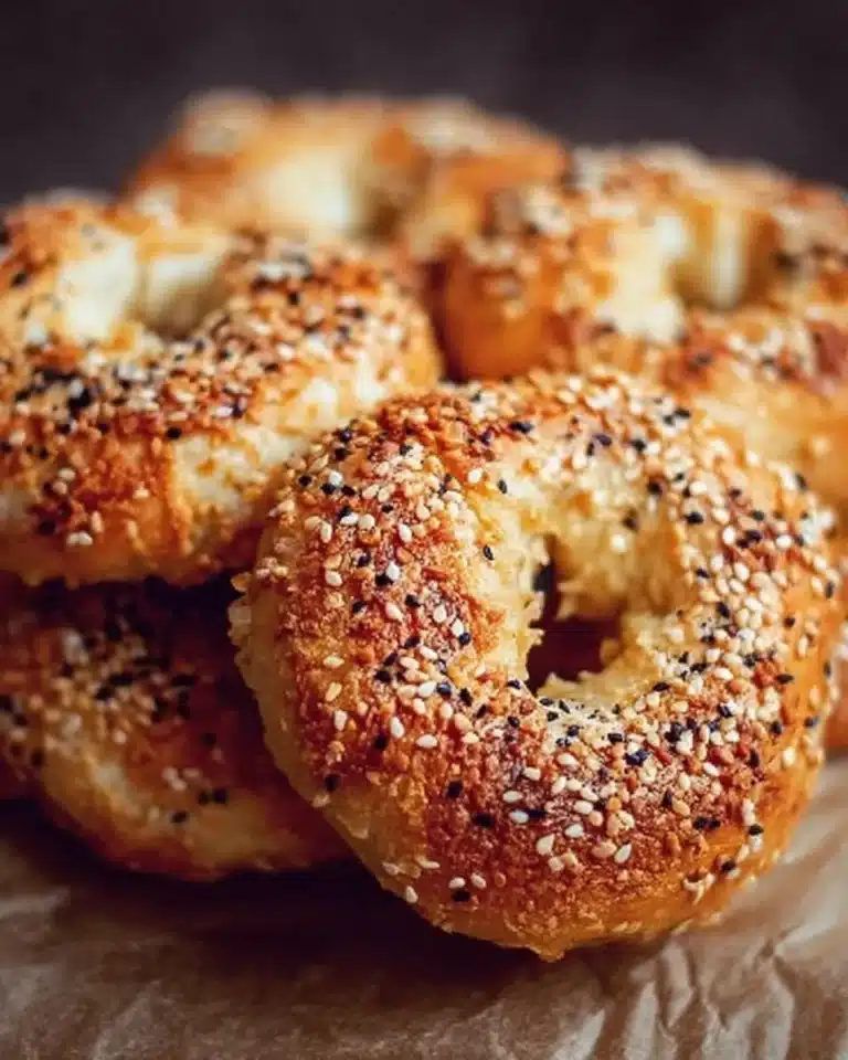 Freshly baked Greek yogurt bagels on a wooden table