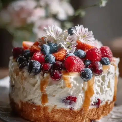 No-bake Heaven on Earth Cake topped with whipped cream and fruits