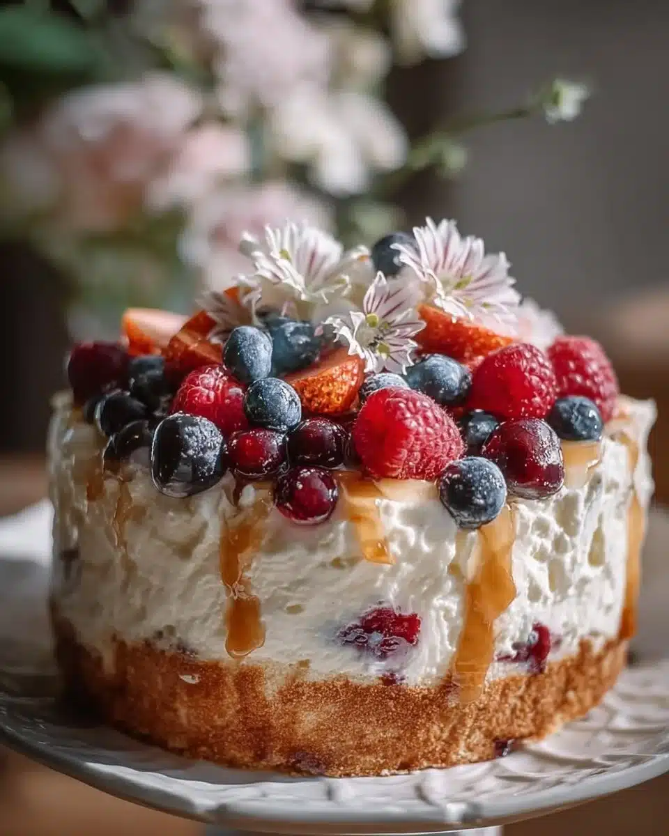 No-bake Heaven on Earth Cake topped with whipped cream and fruits