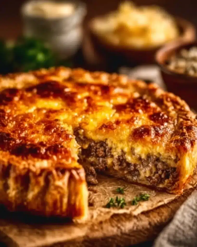 Delicious homemade cheeseburger pie served on a plate with toppings