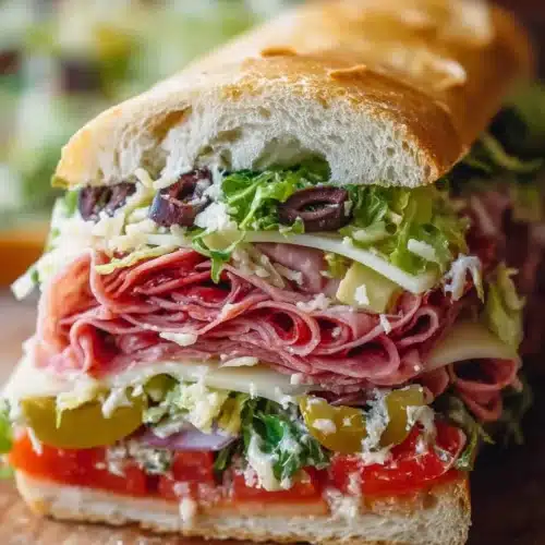 Delicious Italian Grinder Salad Sandwich with fresh ingredients on a ciabatta roll.
