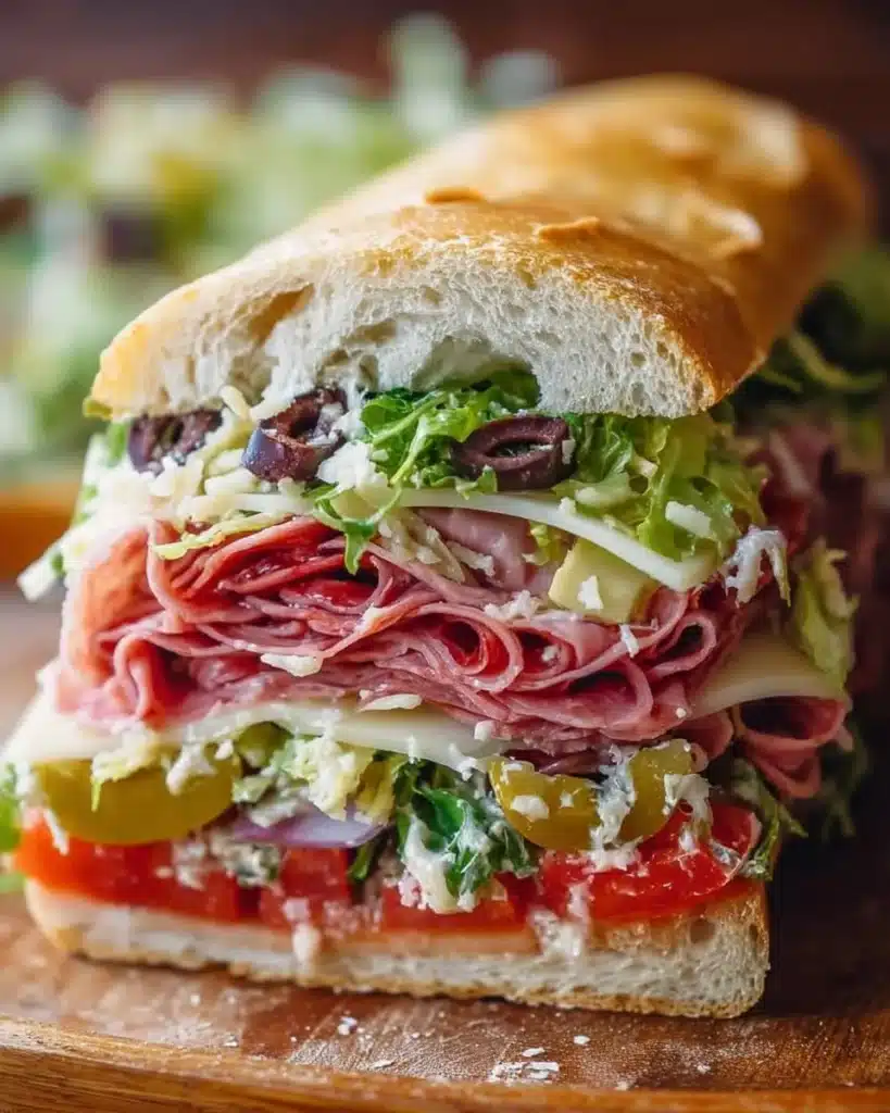 Delicious Italian Grinder Salad Sandwich with fresh ingredients on a ciabatta roll.