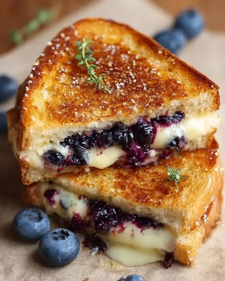 Juicy blueberry grilled cheese sandwich with melted cheese and fresh blueberries