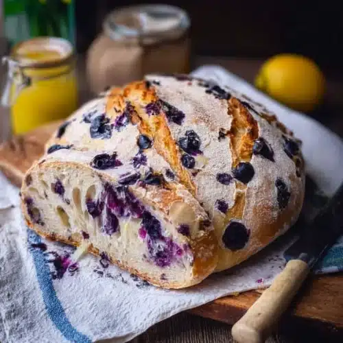 Freshly baked Lemon Blueberry Sourdough Bread with vibrant colors