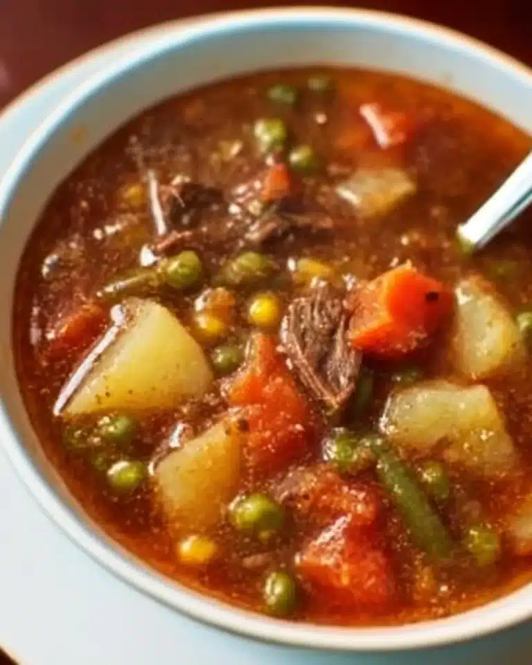 Bowl of my mom's old-fashioned vegetable beef soup with vibrant vegetables and tender beef