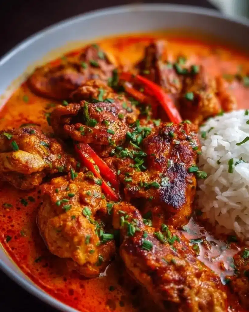 Delicious Nigerian Chicken Stew garnished with spices and served in a bowl.