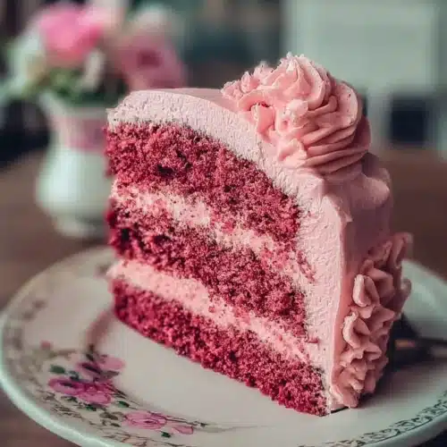 Slice of delicious Pink Velvet Cake topped with cream cheese frosting