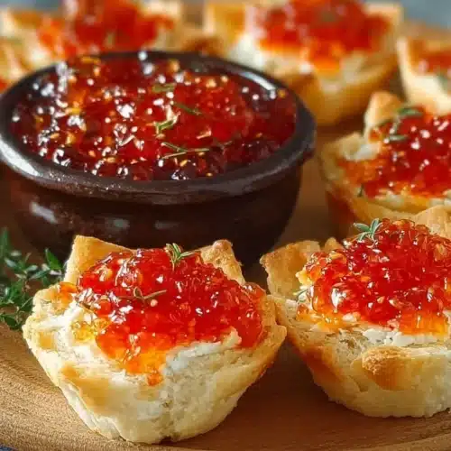 Quick pepper jelly cream cheese dip appetizer served with bites.