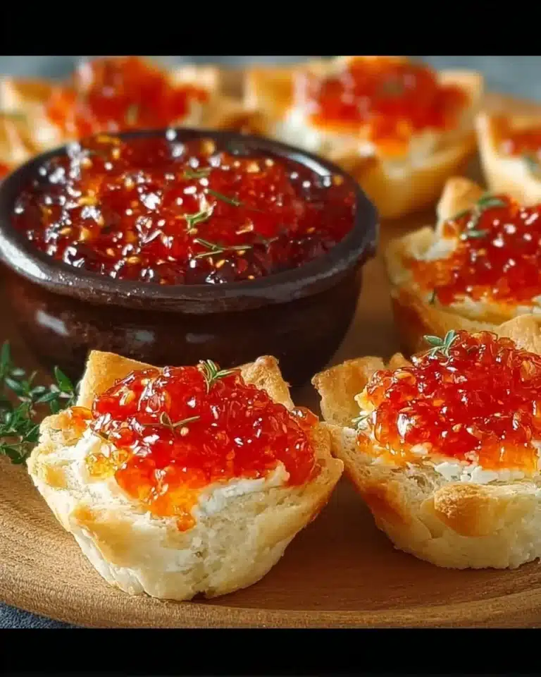 Quick pepper jelly cream cheese dip appetizer served with bites.