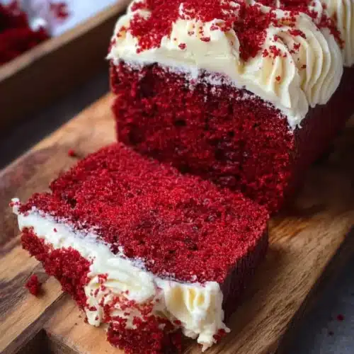 Slice of Red Velvet Loaf Cake with cream cheese frosting on a plate