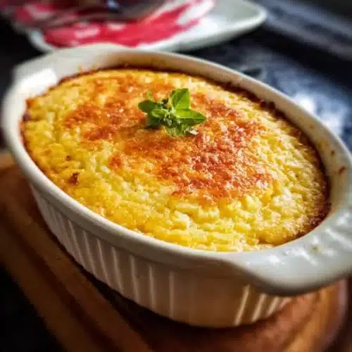 Delicious Ruth's Chris corn pudding served in a warm dish.