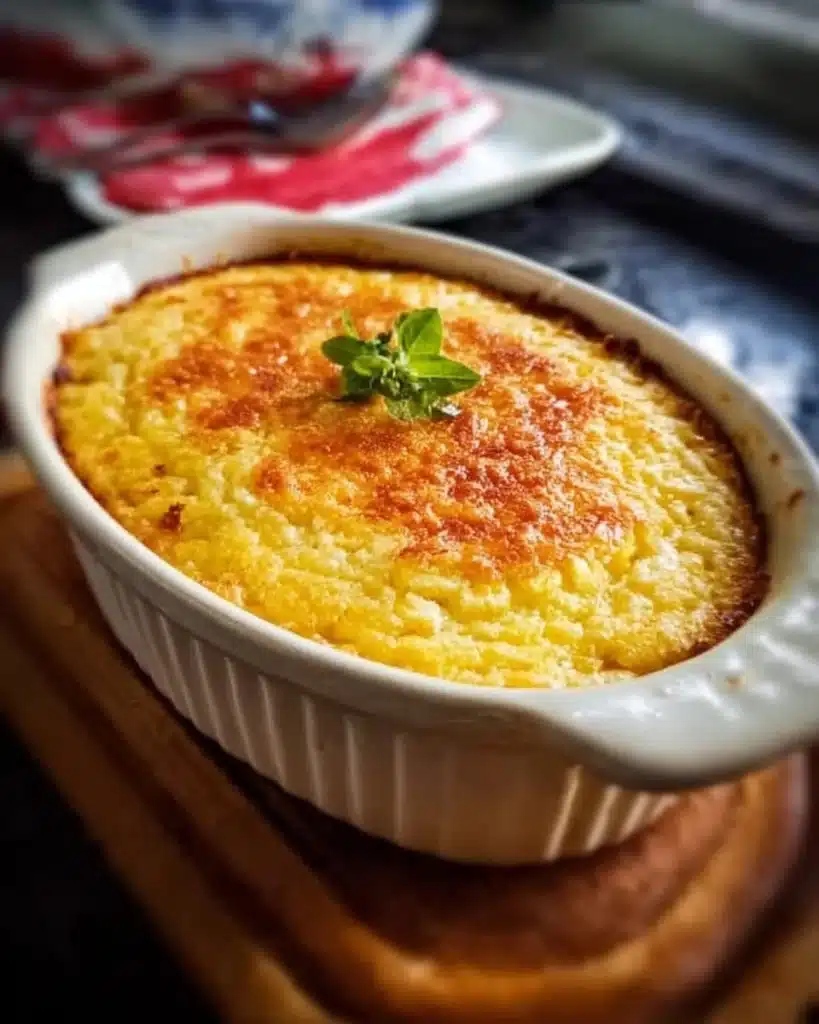 Delicious Ruth's Chris corn pudding served in a warm dish.