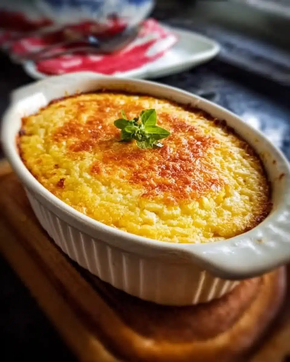 Delicious Ruth's Chris corn pudding served in a warm dish.