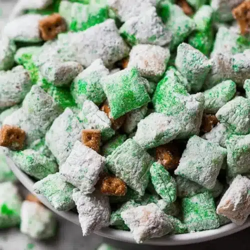 Saint Patrick's Day themed Puppy Chow recipe with green colors