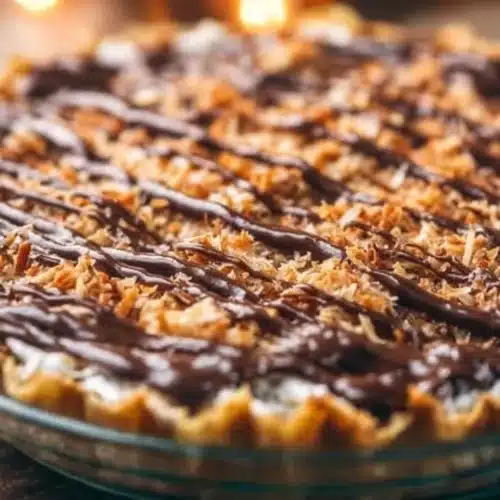 Samoa Pie with chocolate, coconut, and caramel toppings served on a plate