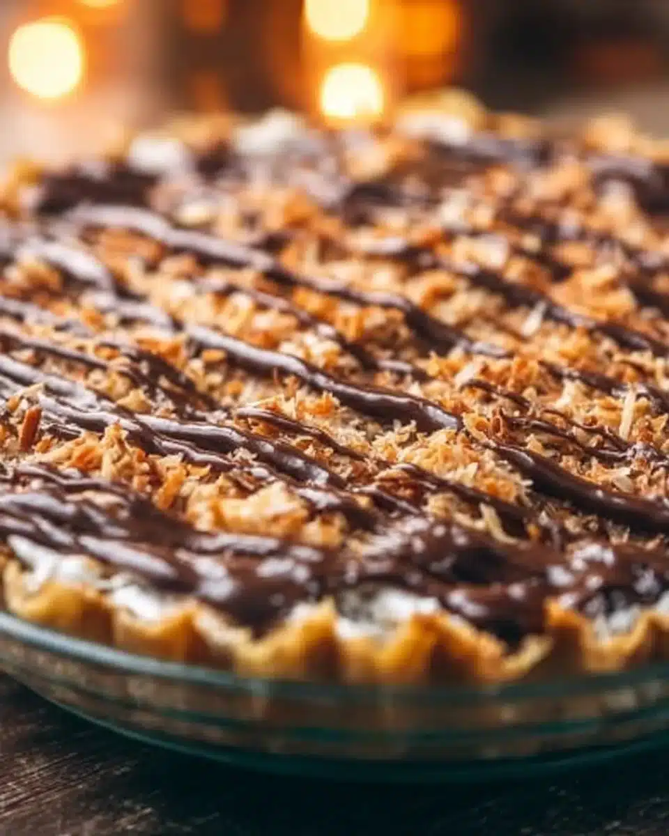 Samoa Pie with chocolate, coconut, and caramel toppings served on a plate