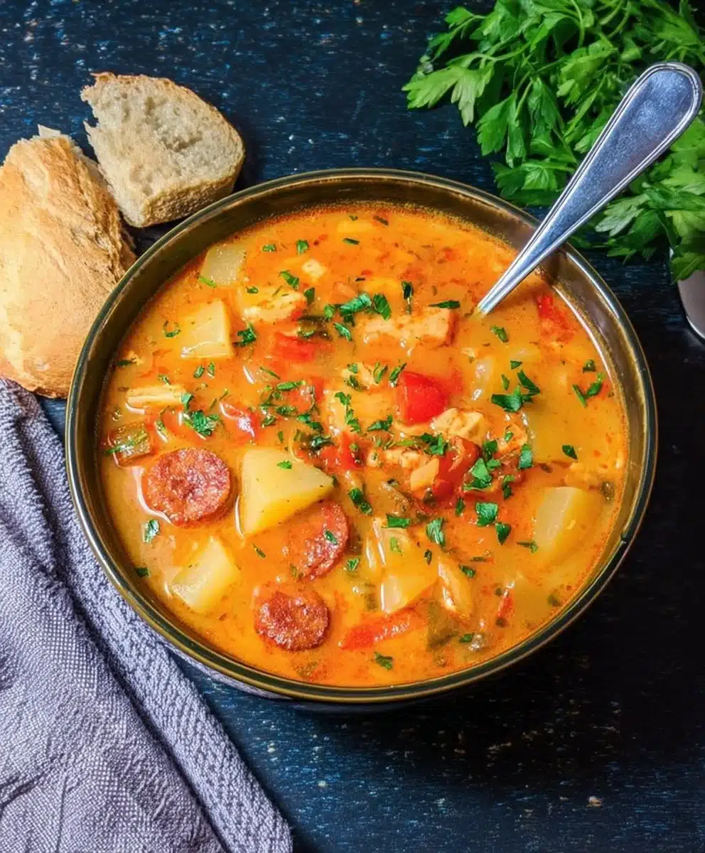 Bowl of Spanish potato soup with chorizo garnished with herbs