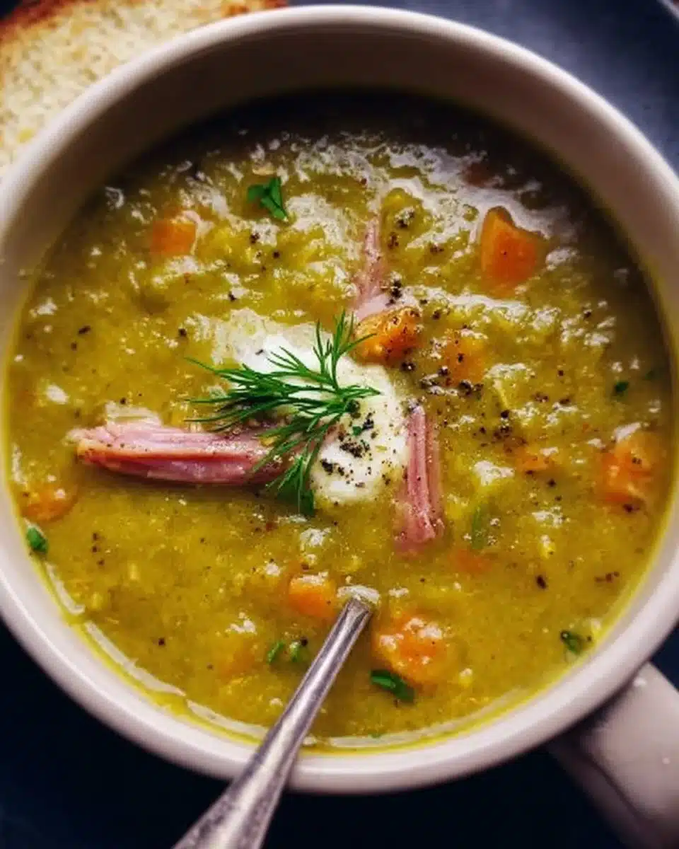 Bowl of delicious split pea soup garnished with herbs and spices