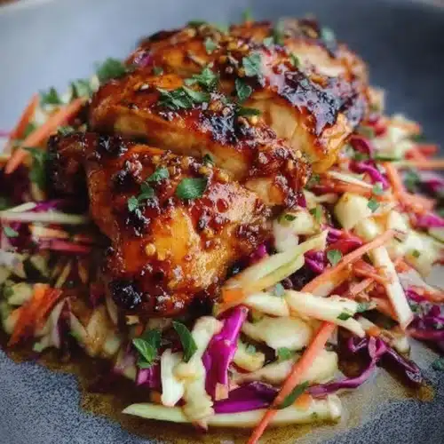 Sticky apple cider chicken served with a crisp autumn slaw.