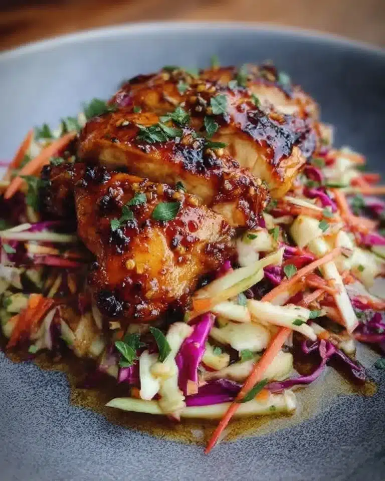 Sticky apple cider chicken served with a crisp autumn slaw.