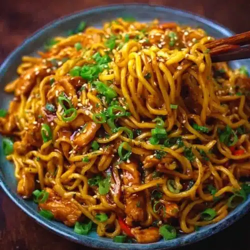 Delicious Sticky Garlic Chicken Noodles served in a bowl.