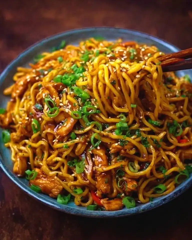 Delicious Sticky Garlic Chicken Noodles served in a bowl.