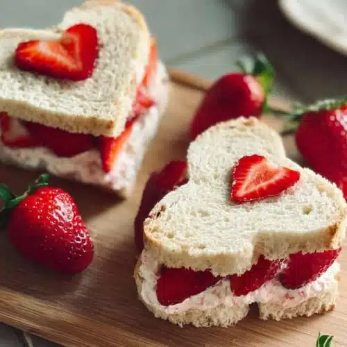 Strawberry cream cheese tea sandwiches on a serving platter