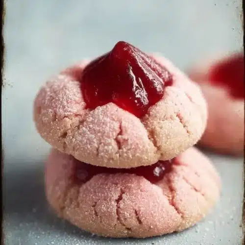 Plate of homemade strawberry kiss cookies topped with chocolate.
