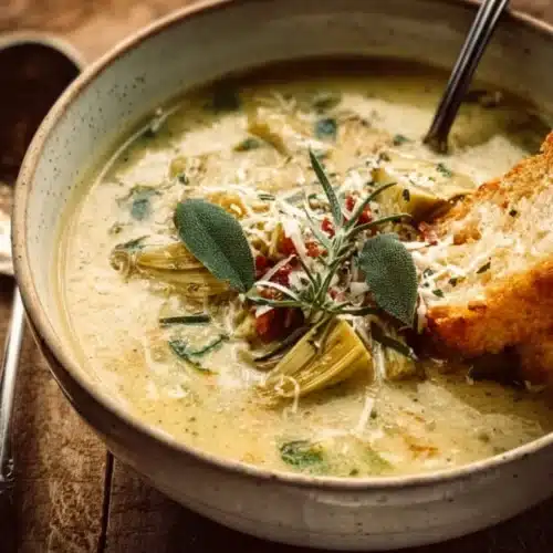 A bowl of delicious Tuscan Artichoke Soup garnished with fresh herbs.