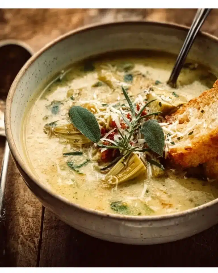 A bowl of delicious Tuscan Artichoke Soup garnished with fresh herbs.